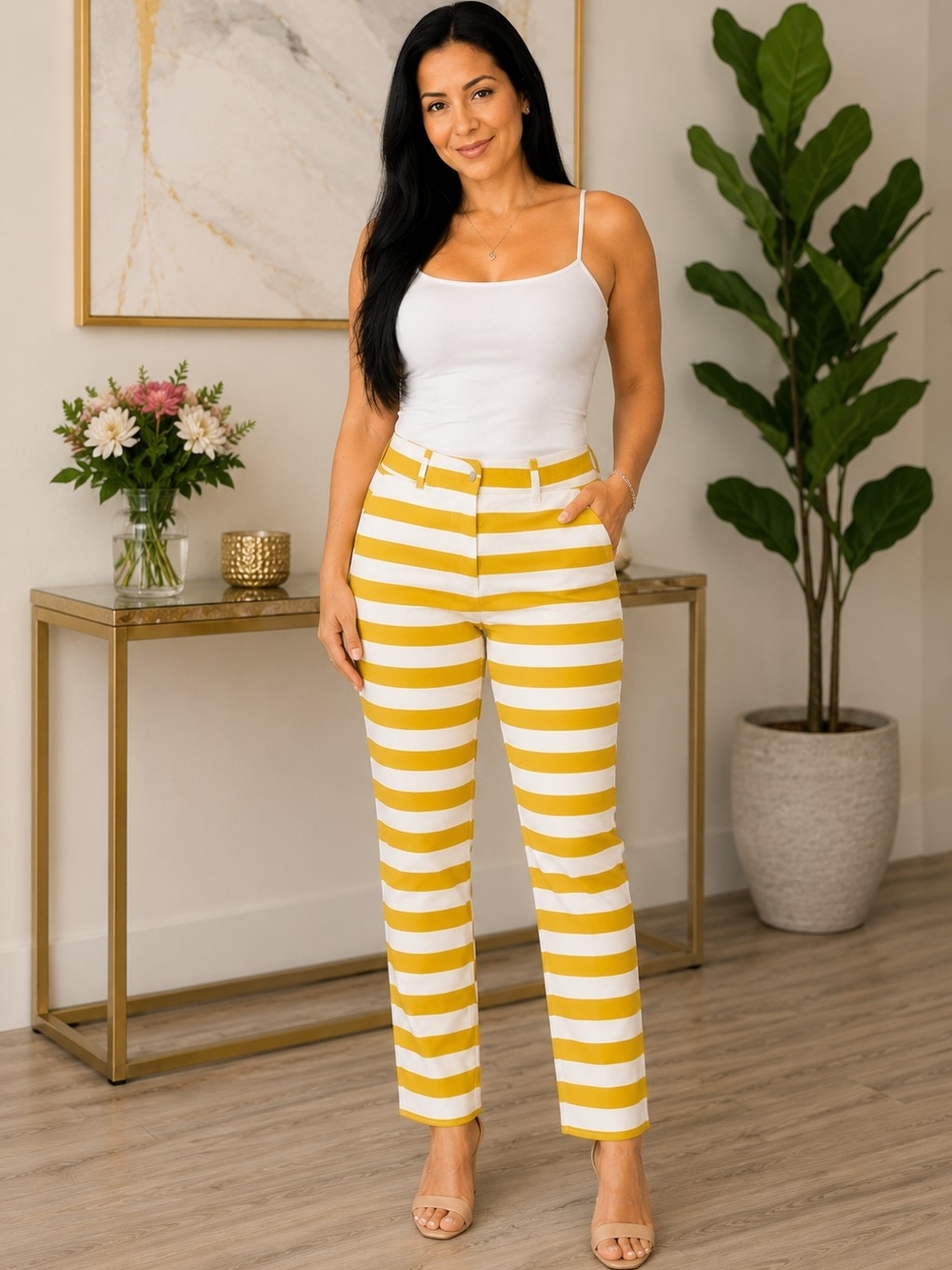 New York & Company Yellow and White Striped Straight-Leg Pants